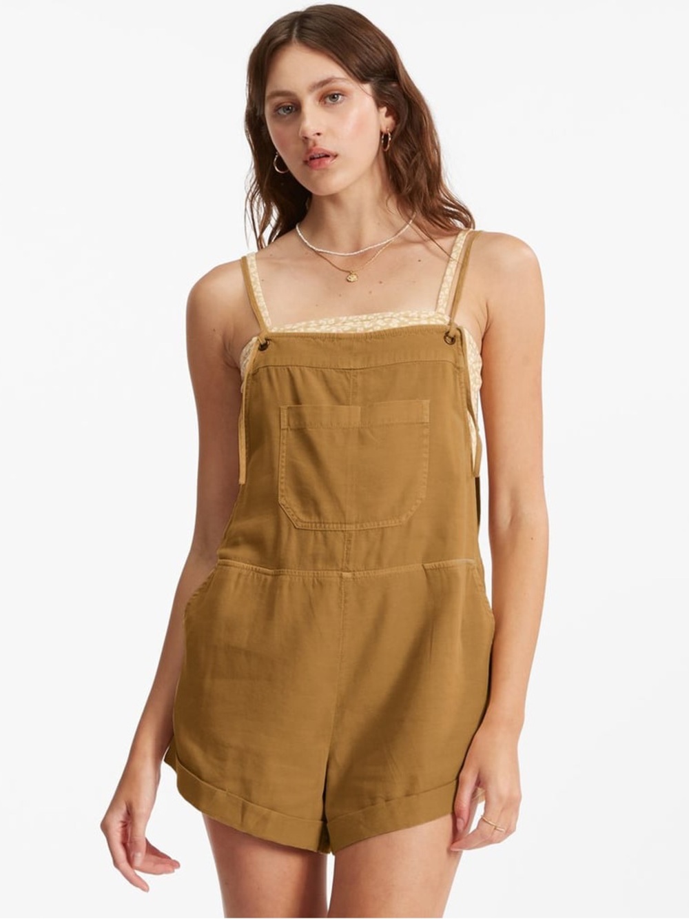 Billabong Wild Pursuit Short Overall Romper in a washed mustard yellow